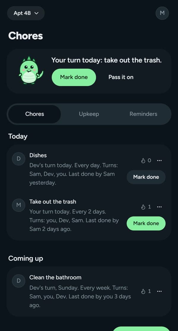 The House page: your turn to take out the trash, with Mark done and Pass it on.