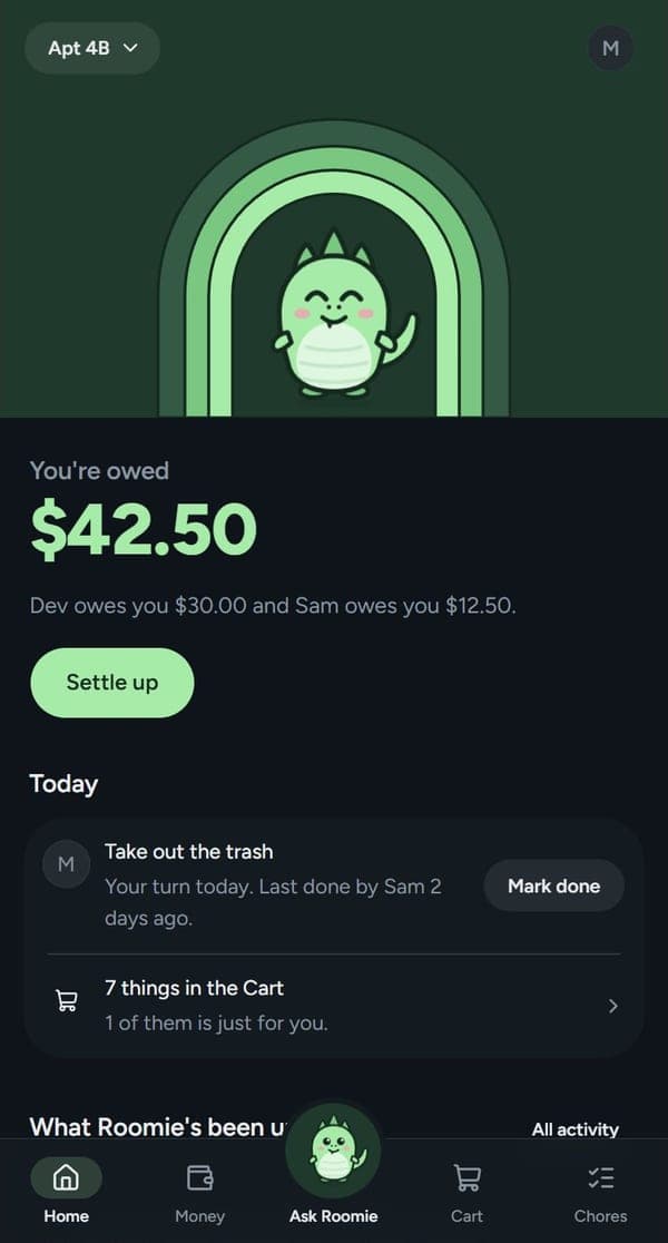 The group's Home page: Roomie in its doorway, you're owed $42.50, today's chore and the Cart.